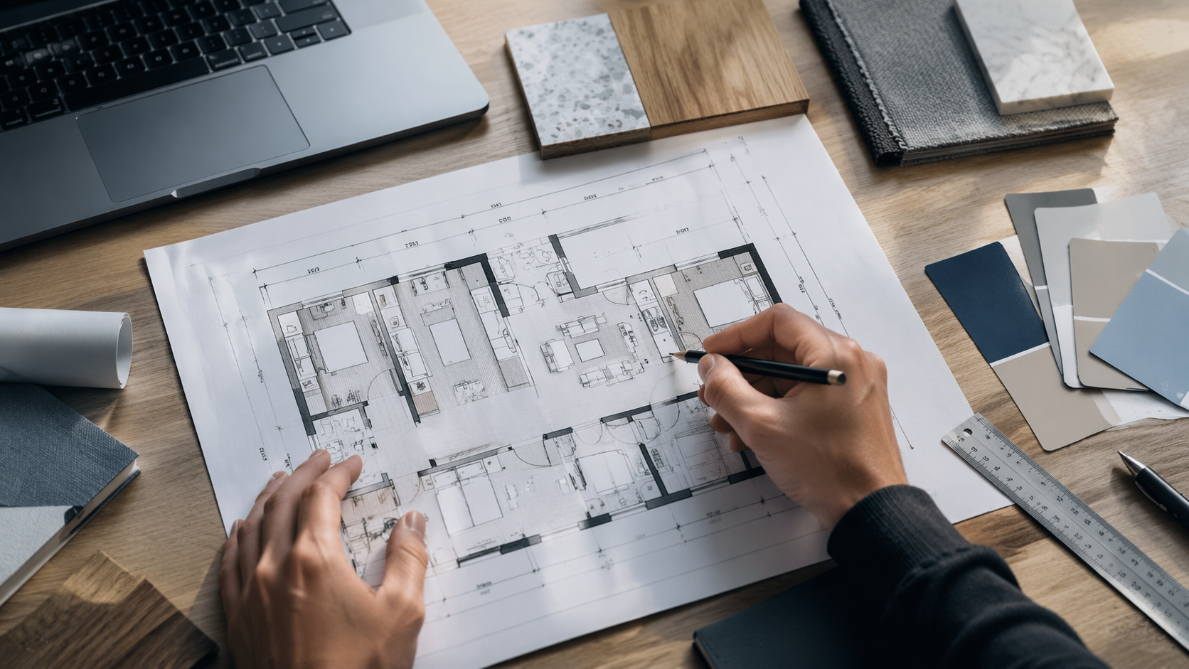 План квартиры, образцы материалов и инструменты для расчёта сметы ремонта